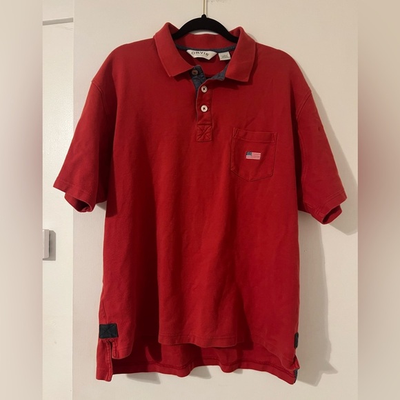Men’s Orvis Large Red Short Sleeve Polo Shirt American Flag Embroidered- (S107) - Picture 1 of 11